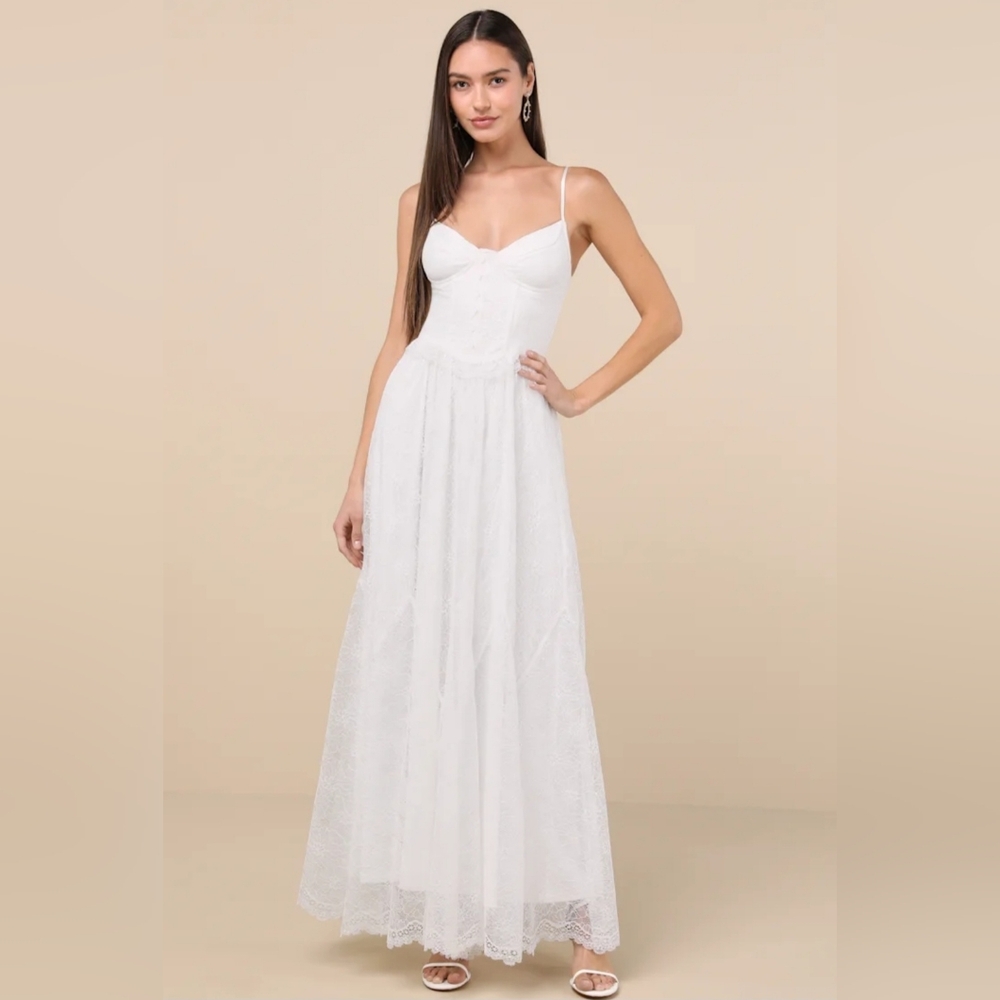 NWT Lulus White Lace Bustier Corset Maxi Dress Size Large